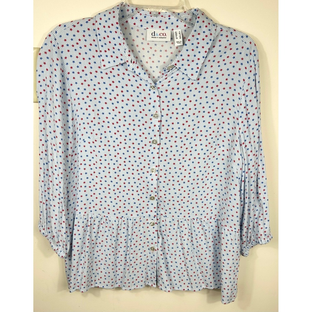 D&Co Denim Company Red White Blue Star Striped Peplum Top Womens S Patriotic USA